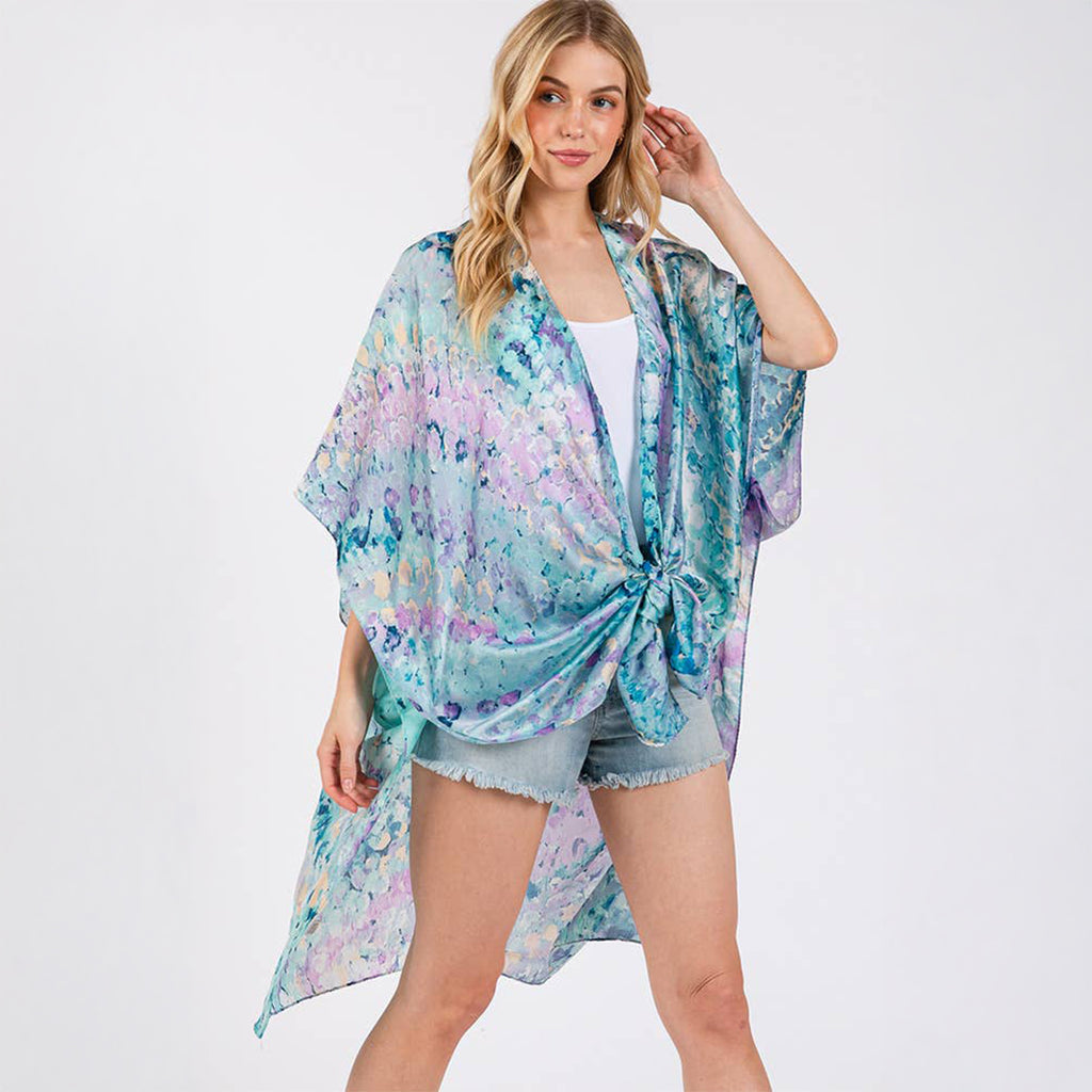 Kimono Cover Up Blue Multicolour Abstract Pattern Silky Feel - SKRF