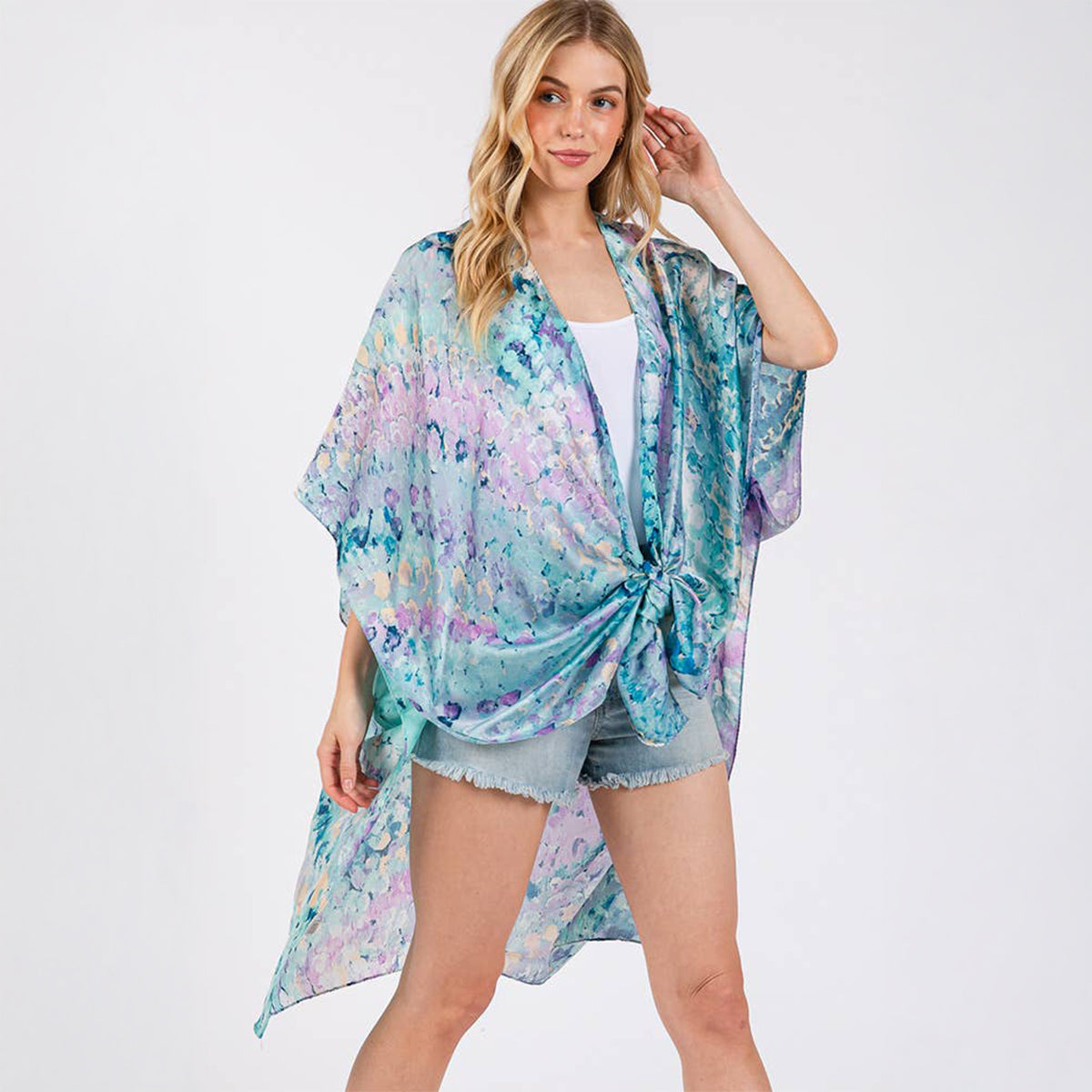 Kimono Cover Up Blue Multicolour Abstract Pattern Silky Feel - SKRF