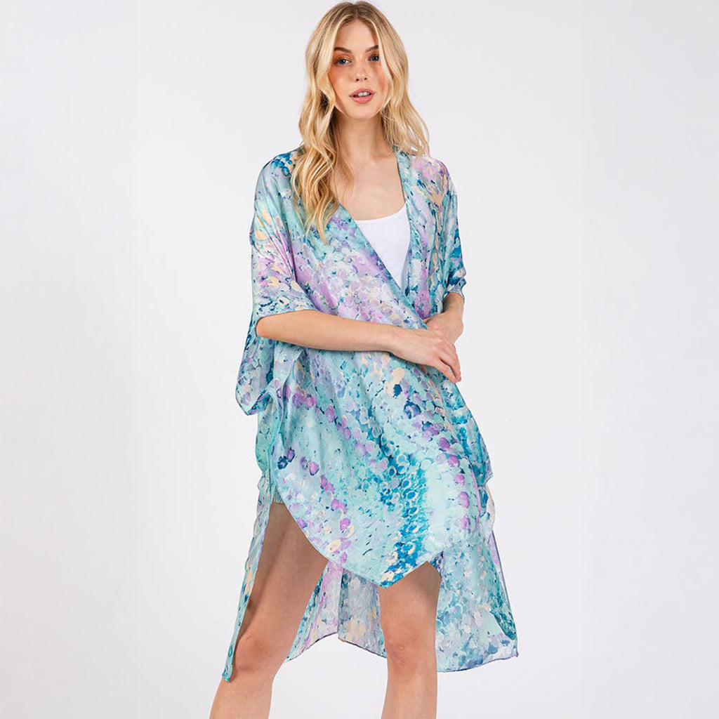 Kimono Cover Up Blue Multicolour Abstract Pattern Silky Feel - SKRF