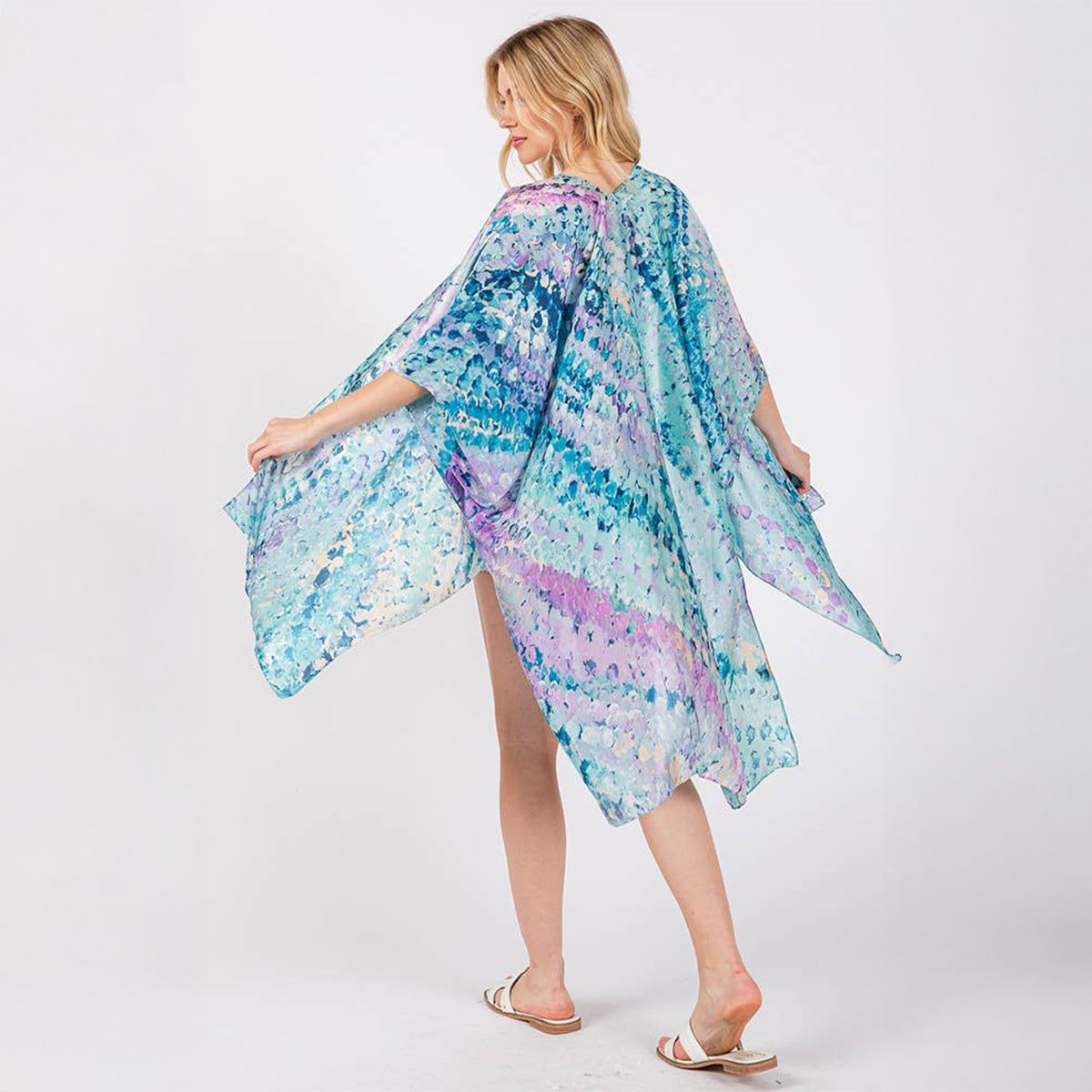 Kimono Cover Up Blue Multicolour Abstract Pattern Silky Feel - SKRF