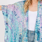 Kimono Cover Up Blue Multicolour Abstract Pattern Silky Feel - SKRF