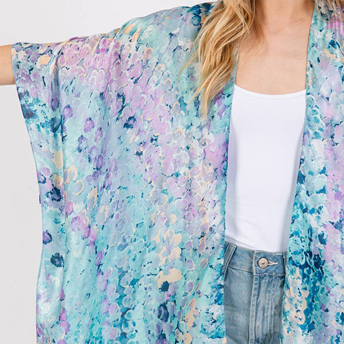 Kimono Cover Up Blue Multicolour Abstract Pattern Silky Feel - SKRF