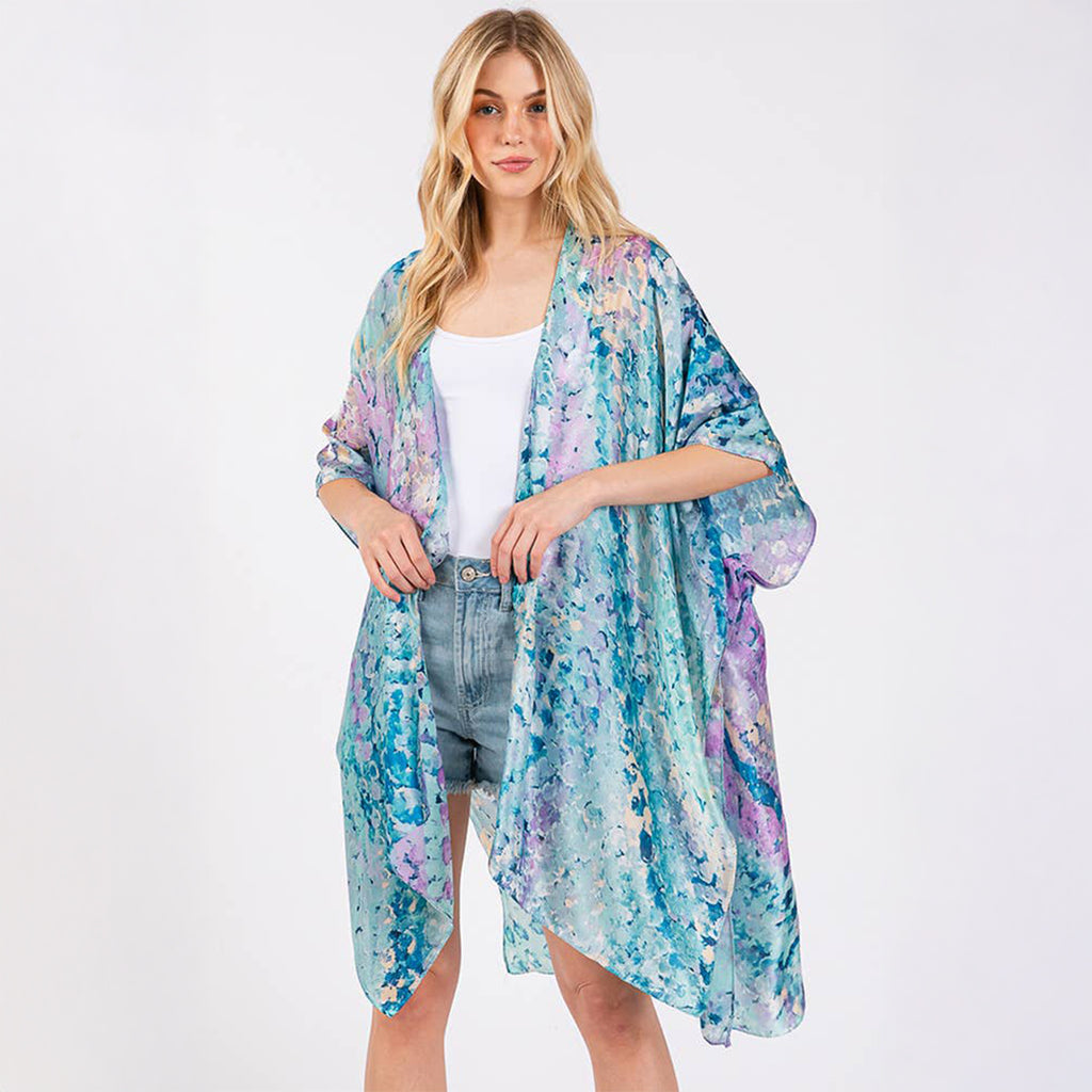 Kimono Cover Up Blue Multicolour Abstract Pattern Silky Feel - SKRF