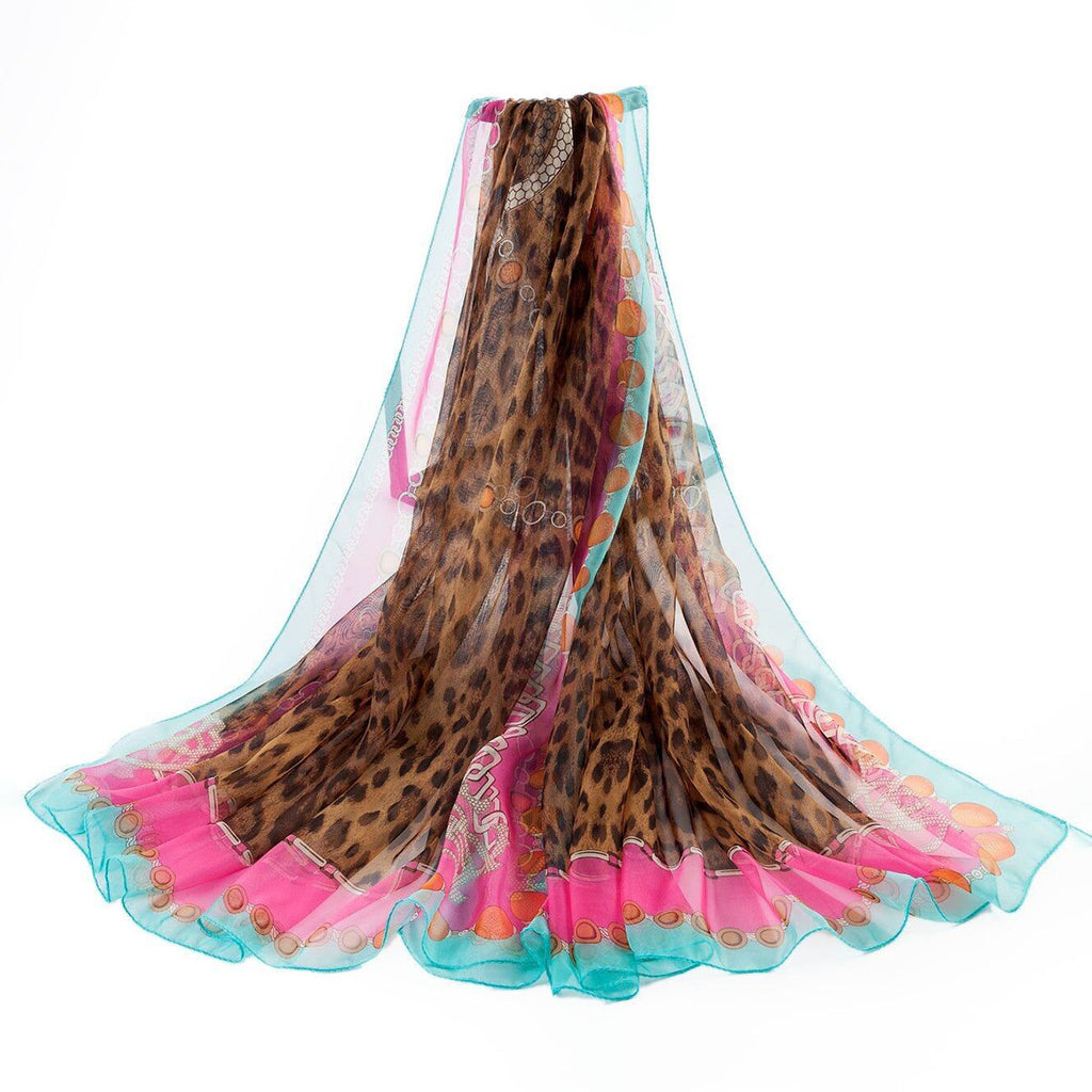 Leopard Brown Animal Print Pink Blue Edge Chiffon Scarf - SKRF