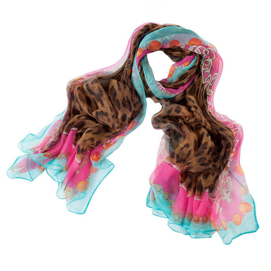 Leopard Brown Animal Print Pink Blue Edge Chiffon Scarf - SKRF