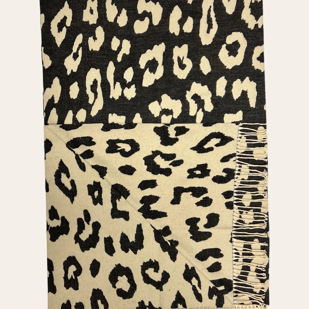 Leopard Print Cashmere Blend Winter Scarf With Tassles Cream - SKRF