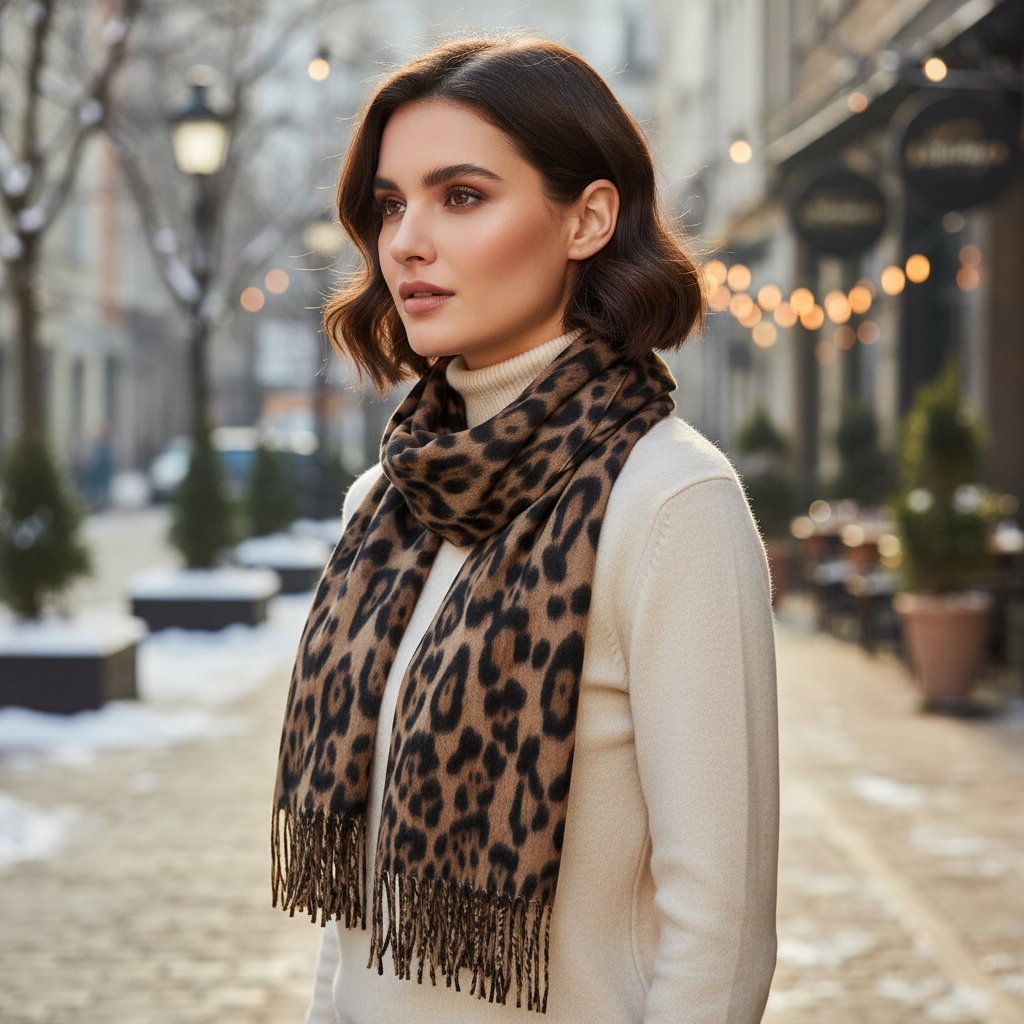 Leopard Print Wool Blend Winter Scarf Brown