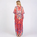 Long Summer Kimono Cover Up Open Front Orange Boho Style Print - SKRF