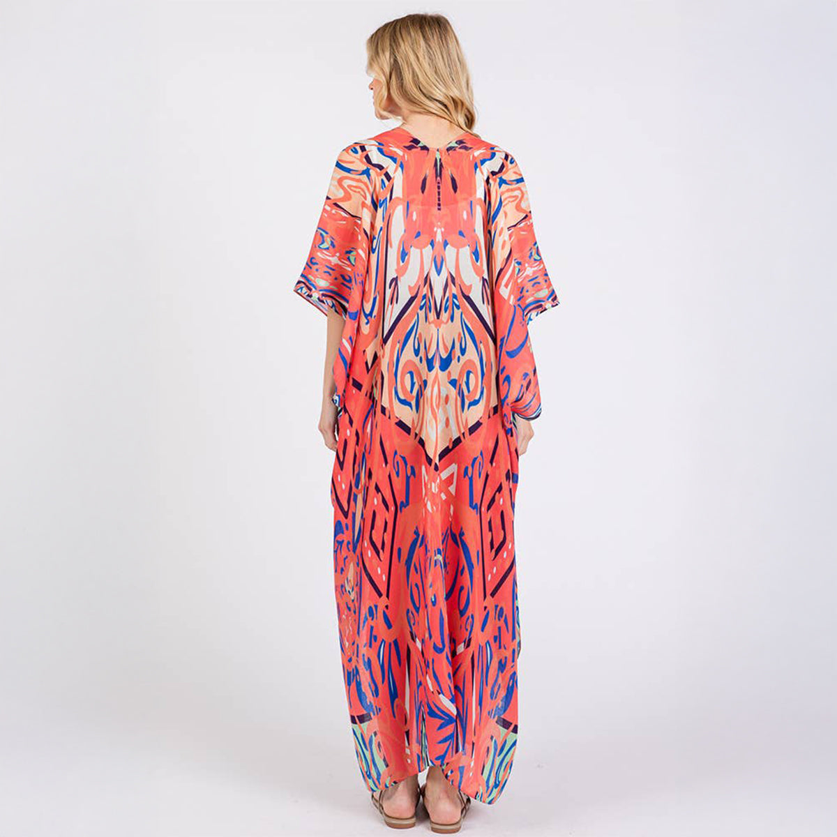 Long Summer Kimono Cover Up Open Front Orange Boho Style Print - SKRF