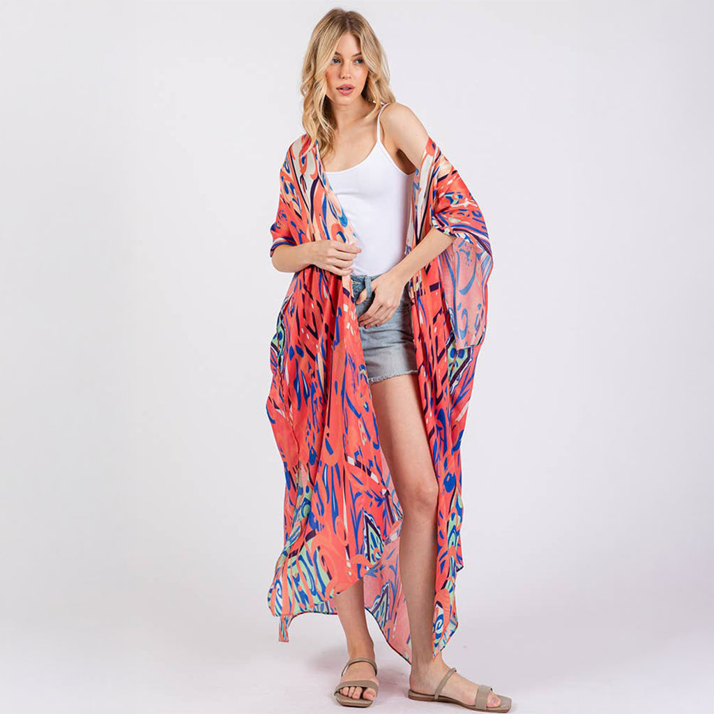 Long Summer Kimono Cover Up Open Front Orange Boho Style Print - SKRF