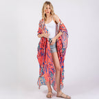 Long Summer Kimono Cover Up Open Front Orange Boho Style Print - SKRF
