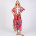 Long Summer Kimono Cover Up Open Front Orange Boho Style Print - SKRF
