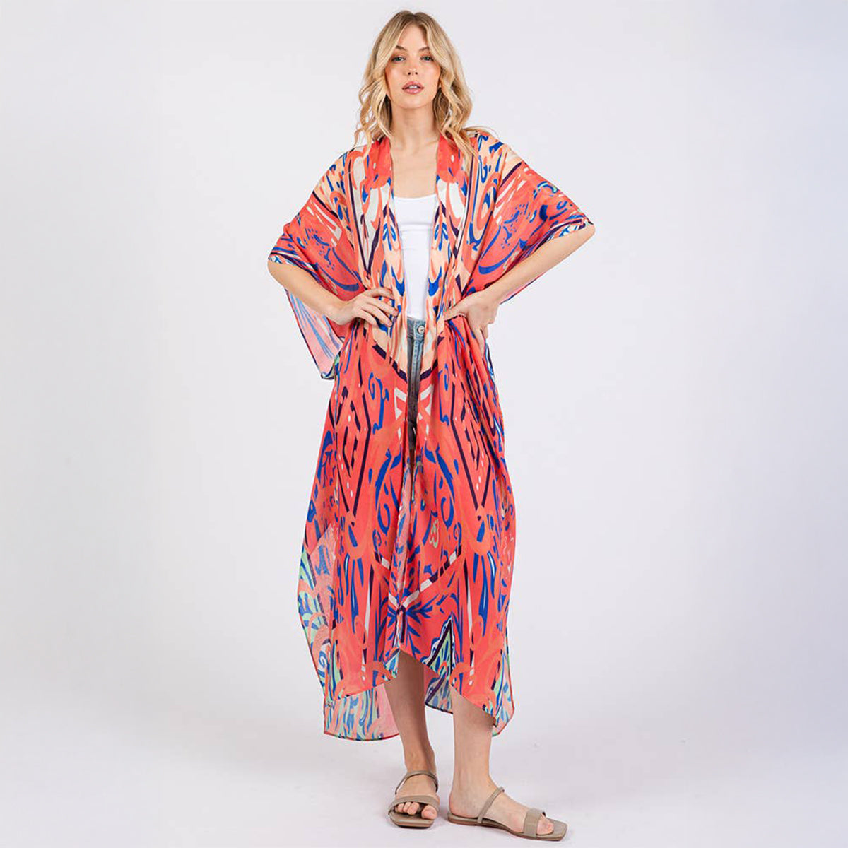 Long Summer Kimono Cover Up Open Front Orange Boho Style Print - SKRF