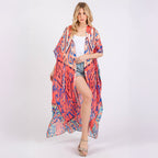 Long Summer Kimono Cover Up Open Front Orange Boho Style Print - SKRF