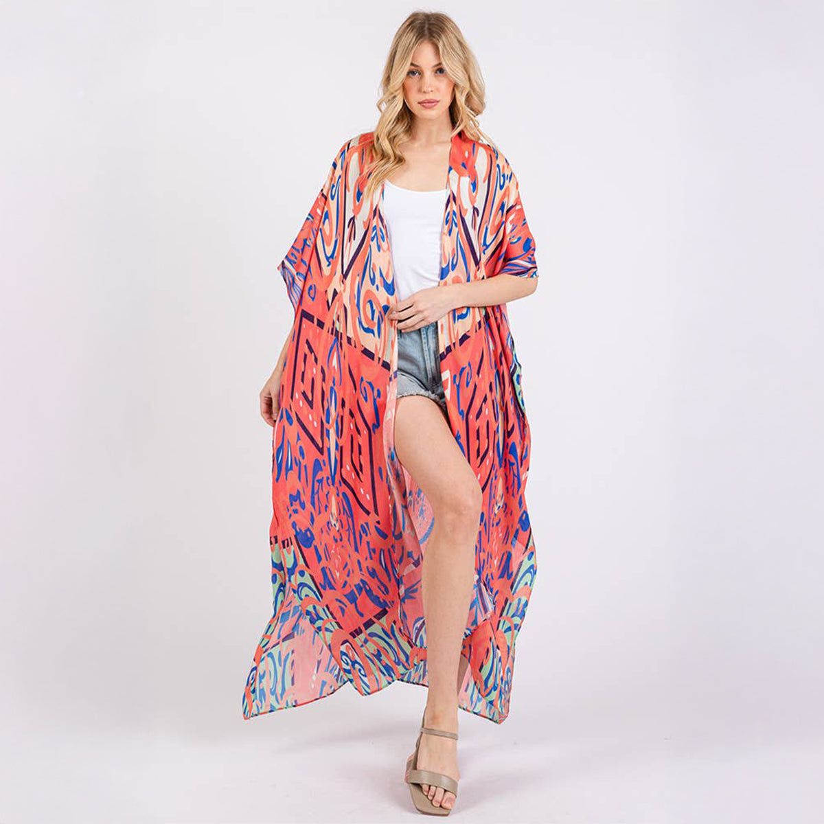 Long Summer Kimono Cover Up Open Front Orange Boho Style Print - SKRF