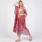 Long Summer Kimono Cover Up Open Front Orange Boho Style Print - SKRF