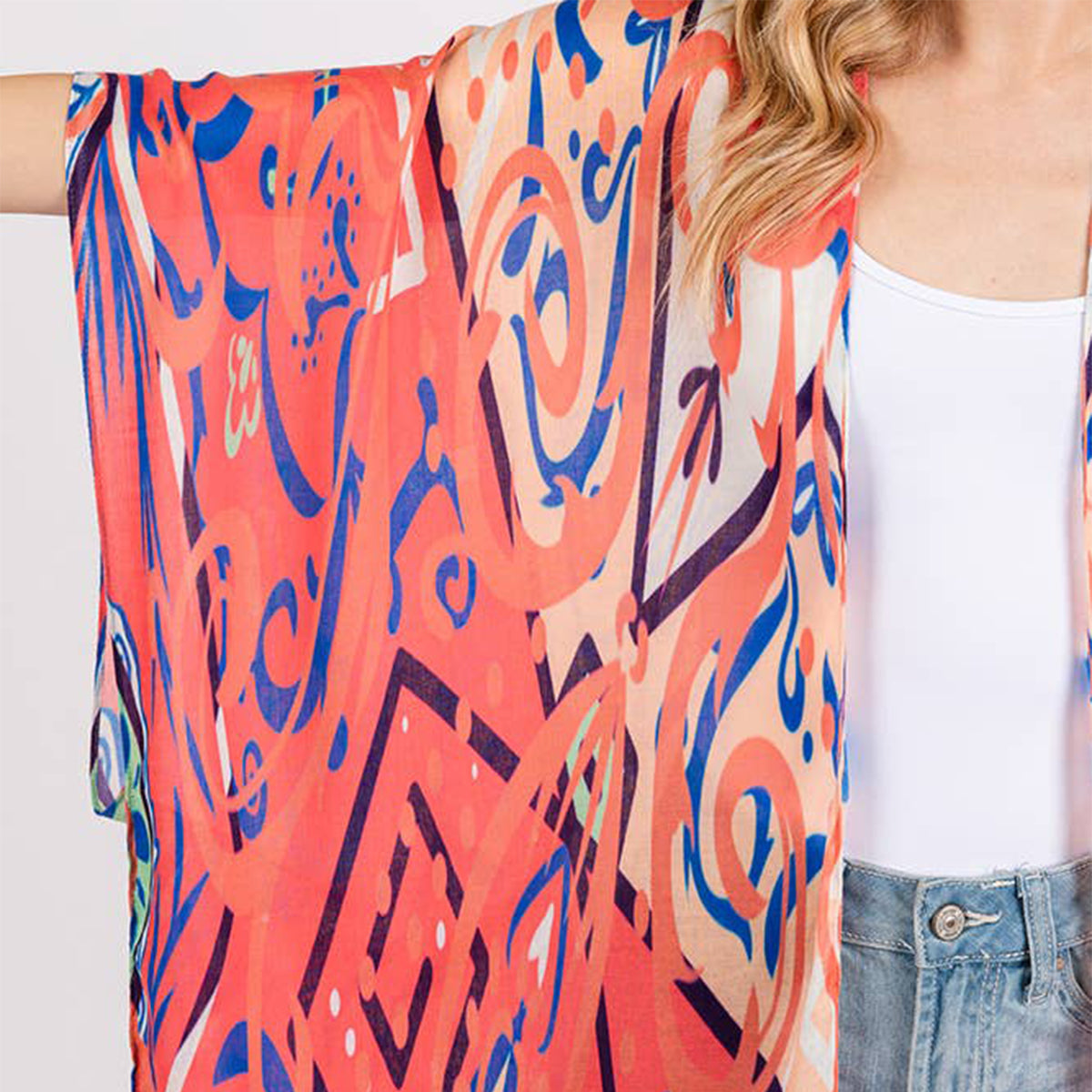 Long Summer Kimono Cover Up Open Front Orange Boho Style Print - SKRF