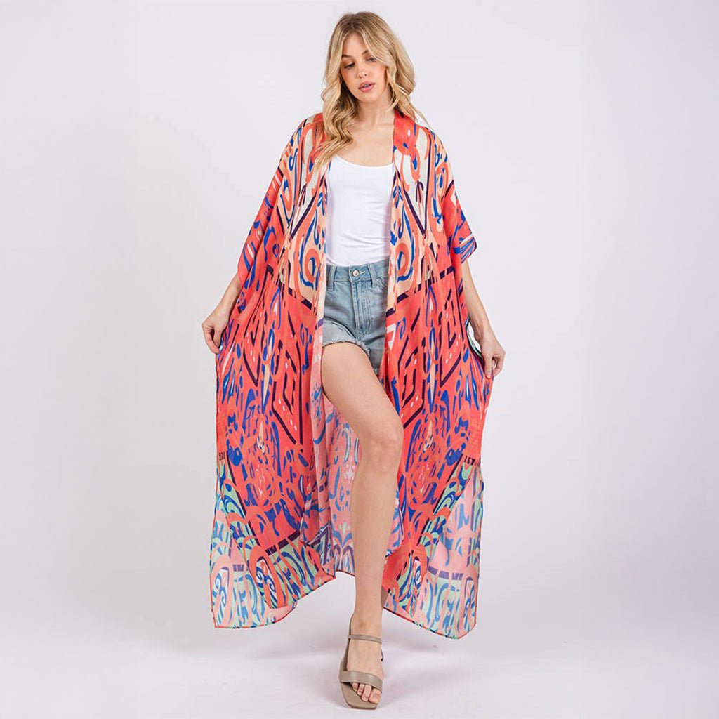Long Summer Kimono Cover Up Open Front Orange Boho Style Print - SKRF
