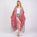 Long Summer Kimono Cover Up Open Front Orange Boho Style Print - SKRF