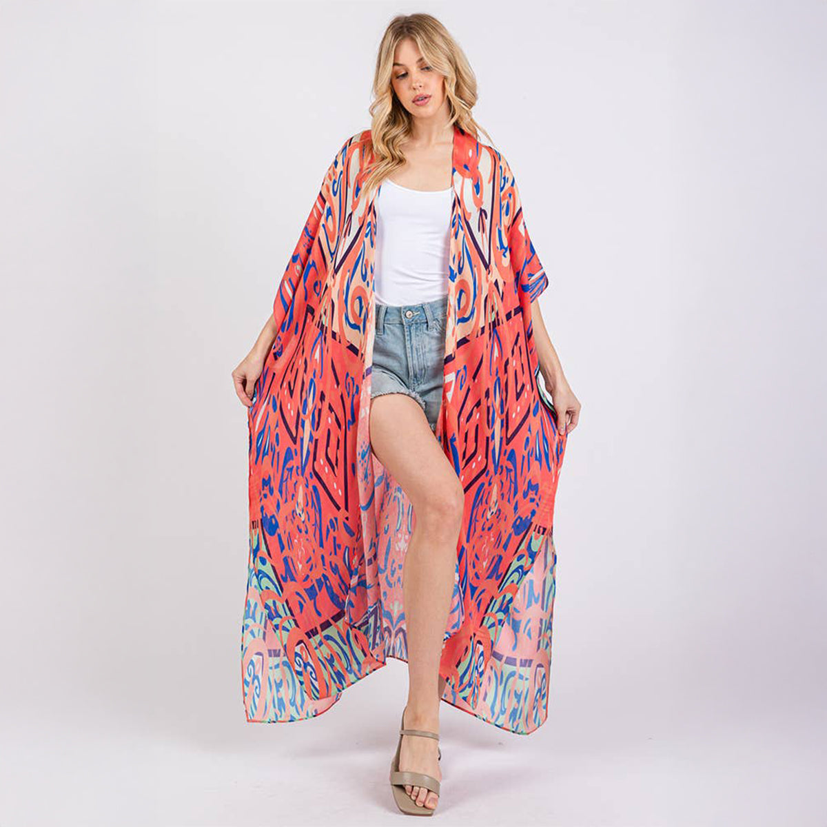 Long Summer Kimono Cover Up Open Front Orange Boho Style Print - SKRF
