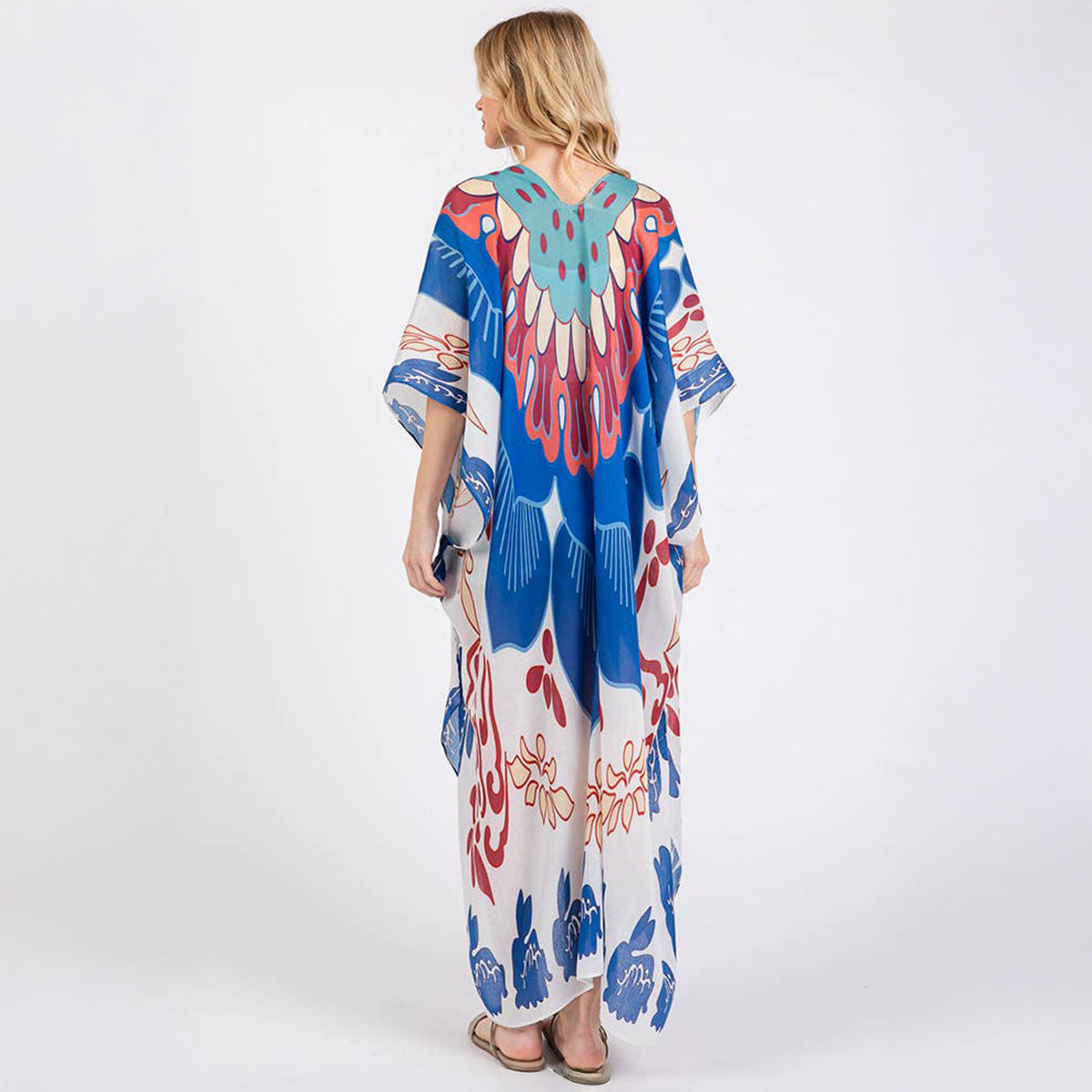 Long Summer Kimono Open Front Boho Style Blue Print - SKRF