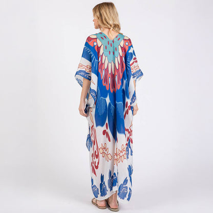 Long Summer Kimono Open Front Boho Style Blue Print - SKRF