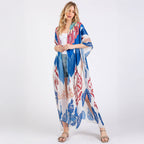 Long Summer Kimono Open Front Boho Style Blue Print - SKRF