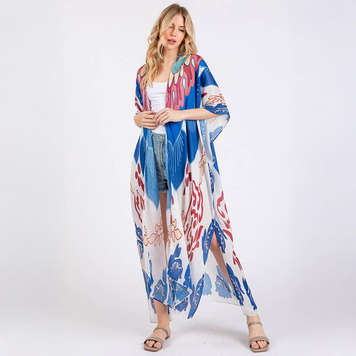 Long Summer Kimono Open Front Boho Style Blue Print - SKRF