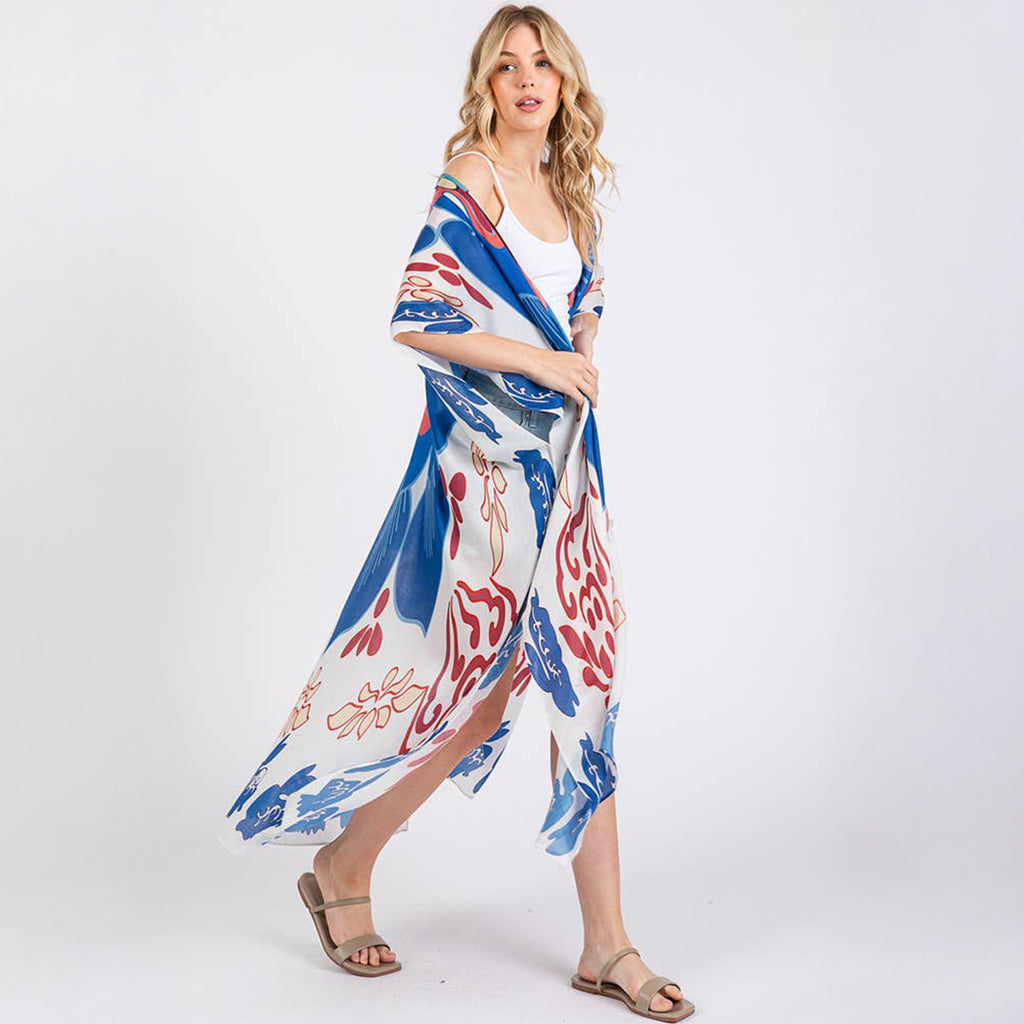 Long Summer Kimono Open Front Boho Style Blue Print - SKRF