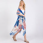 Long Summer Kimono Open Front Boho Style Blue Print - SKRF