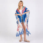 Long Summer Kimono Open Front Boho Style Blue Print - SKRF