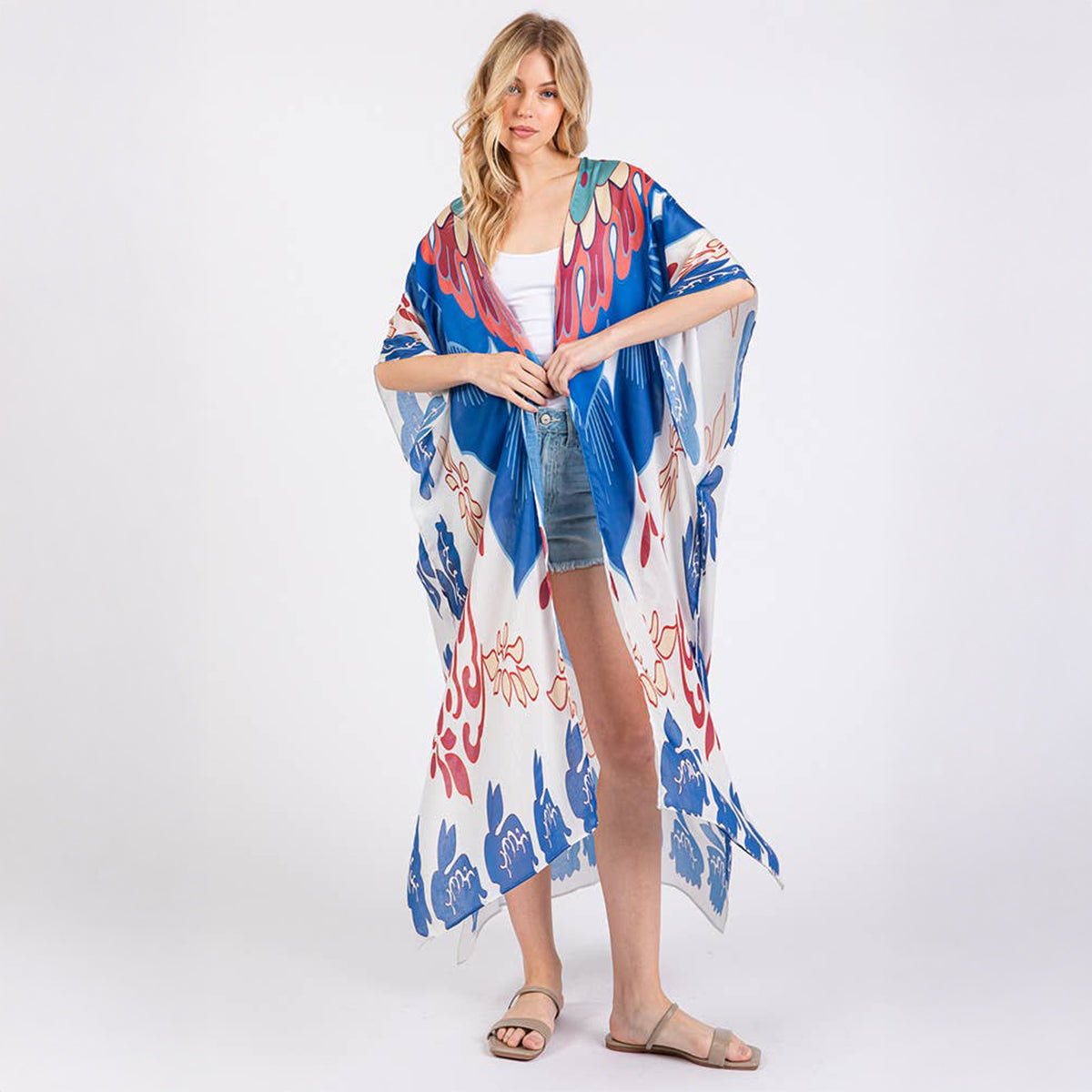 Long Summer Kimono Open Front Boho Style Blue Print - SKRF