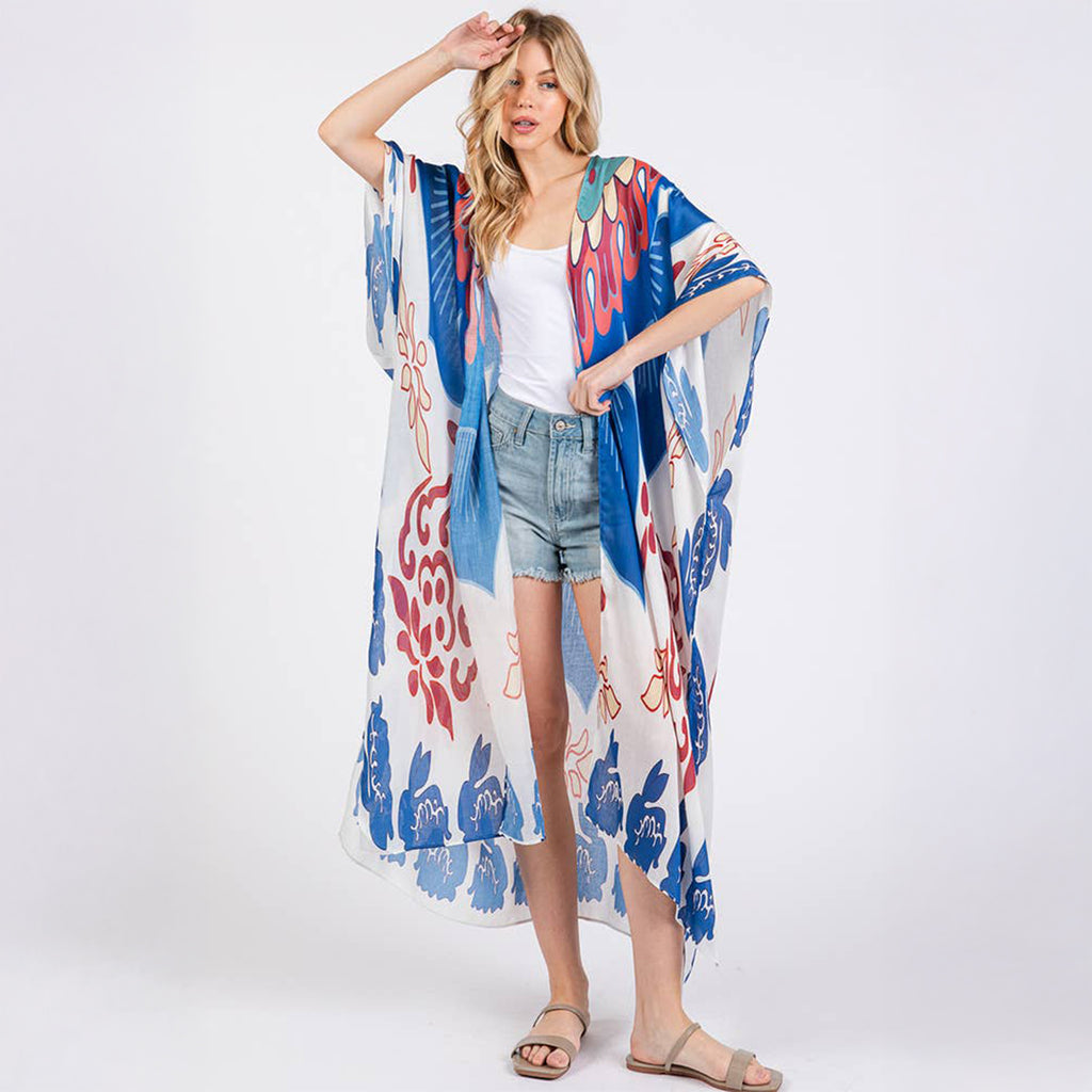 Long Summer Kimono Open Front Boho Style Blue Print - SKRF