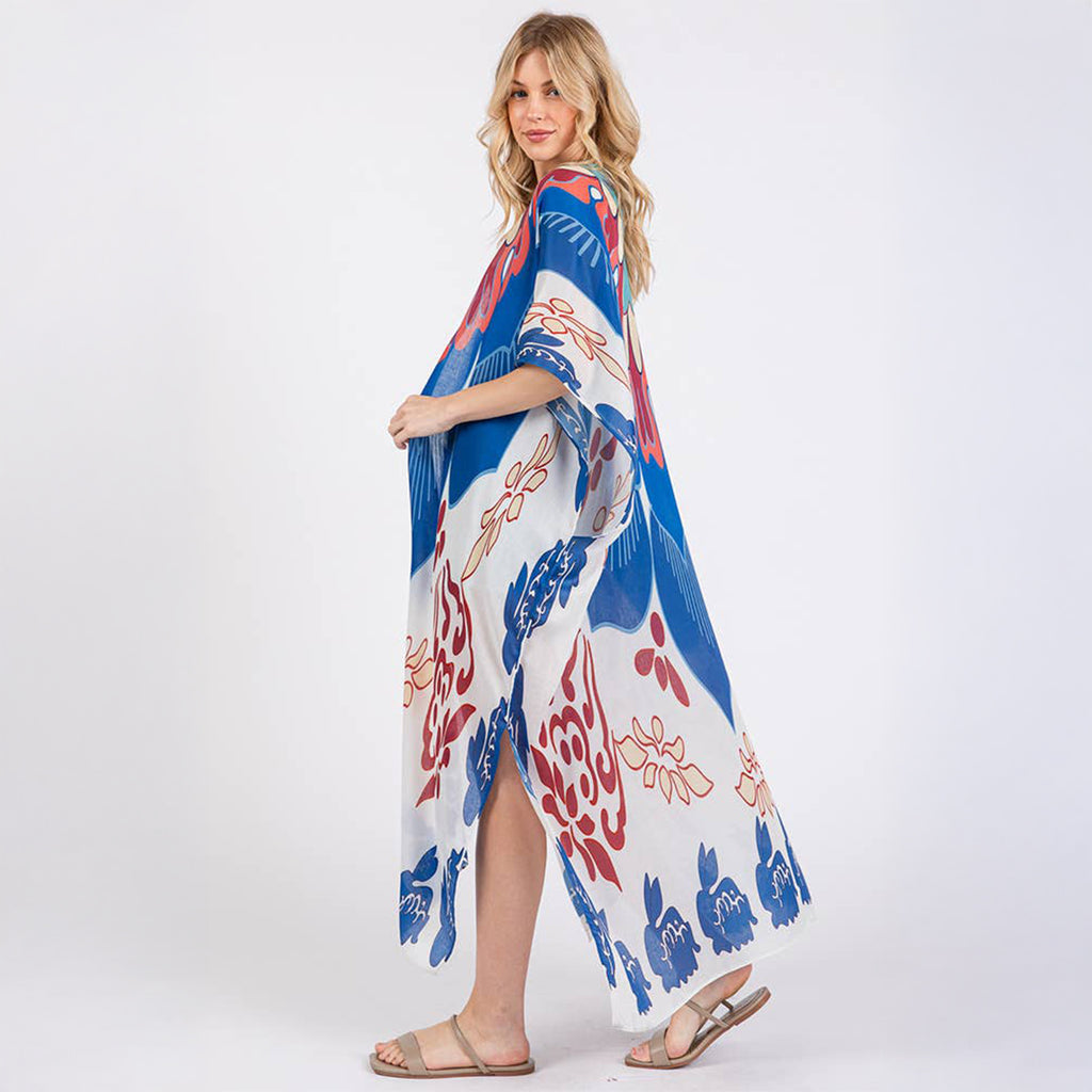 Long Summer Kimono Open Front Boho Style Blue Print - SKRF