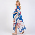 Long Summer Kimono Open Front Boho Style Blue Print - SKRF