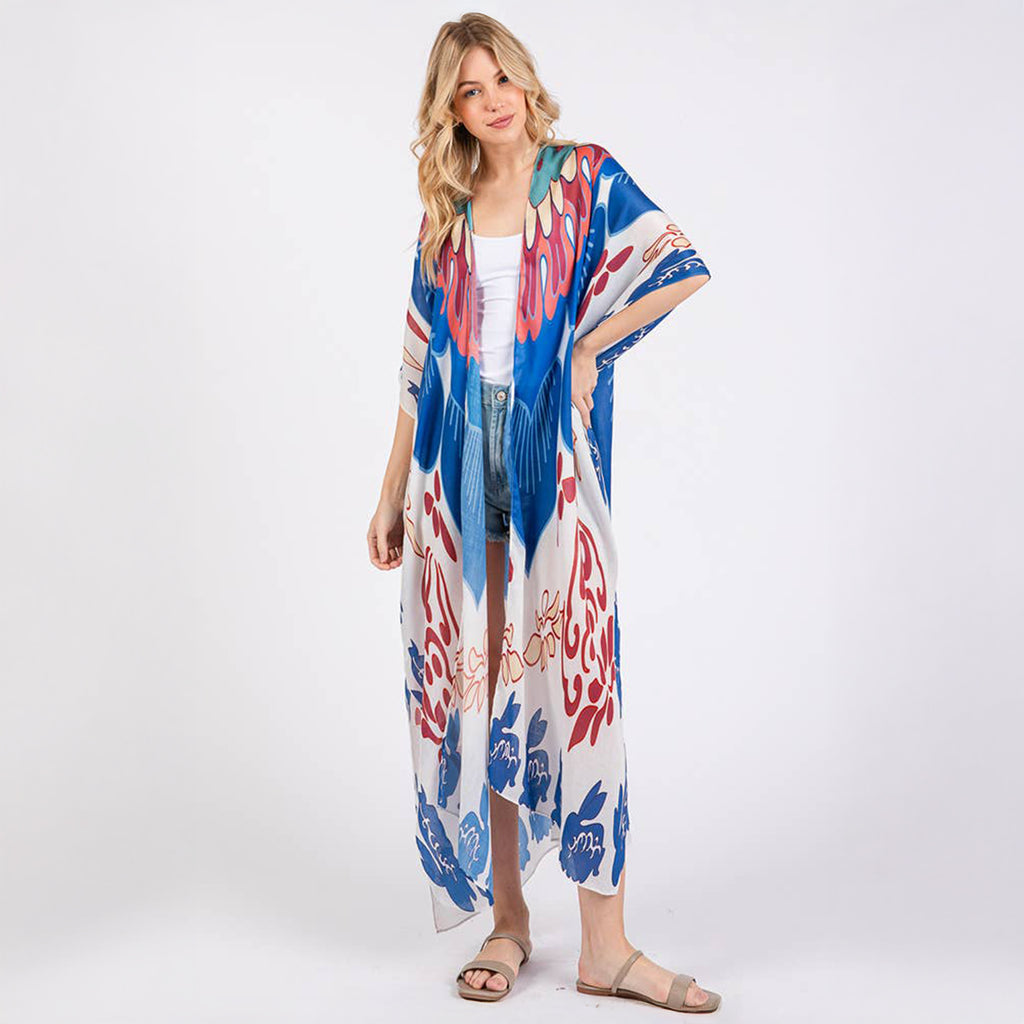 Long Summer Kimono Open Front Boho Style Blue Print - SKRF