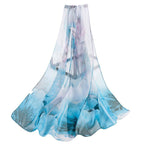 Lotus Flower & Leaves Blue Lilac Print Chiffon Scarf - SKRF