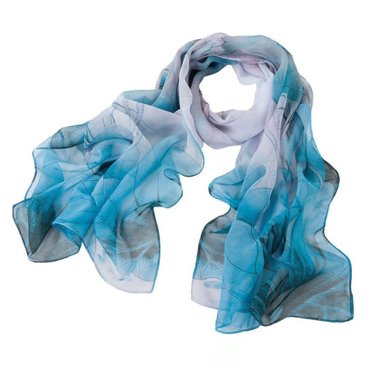 Lotus Flower & Leaves Blue Lilac Print Chiffon Scarf - SKRF