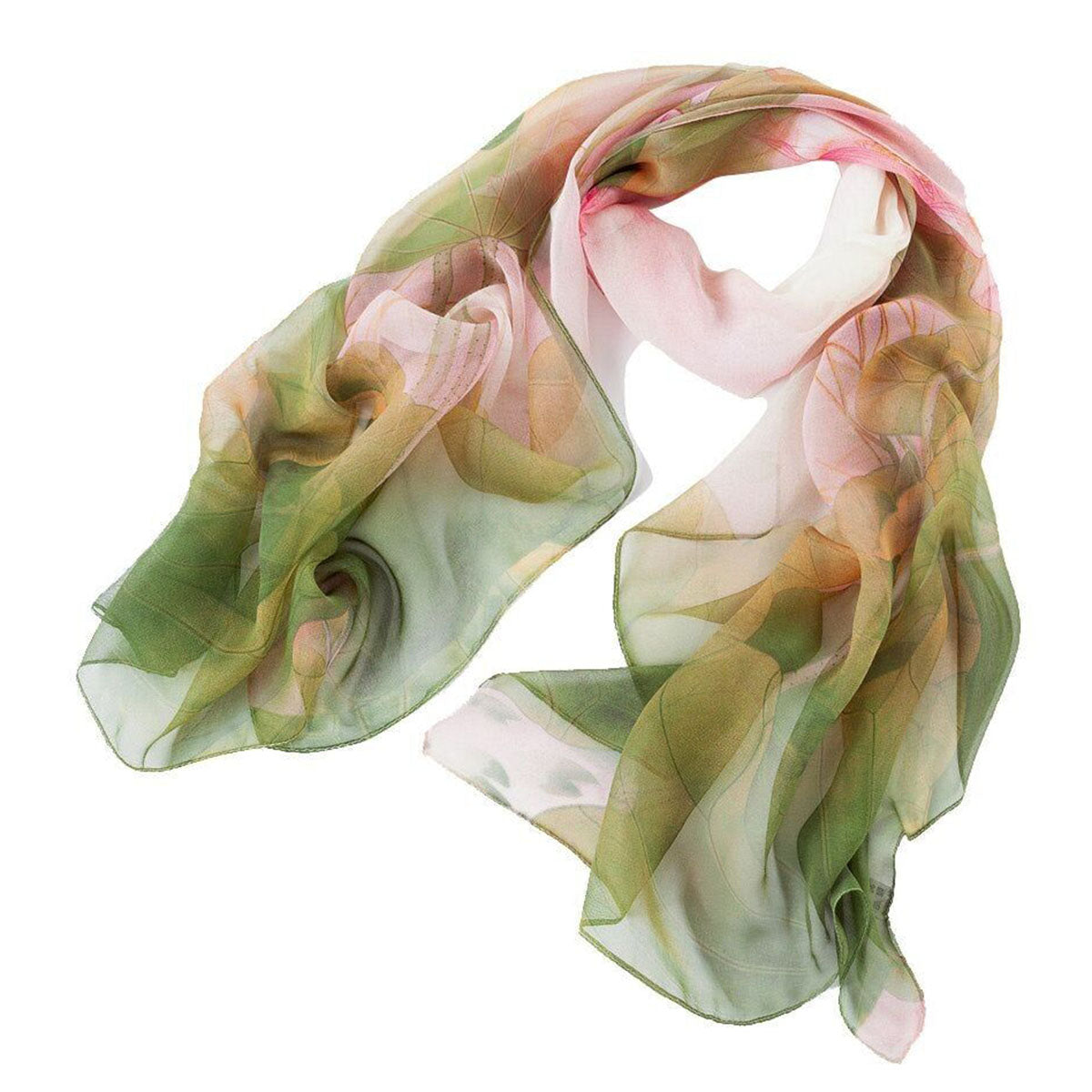 Lotus Green Pink Floral Print Chiffon Scar - SKRF
