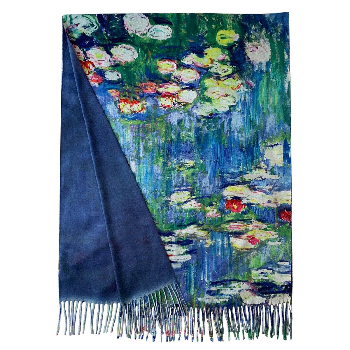 Monet Style Blue Water Lily Painting Print Wool Tassel Scarf - SKRF
