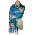 Monet Style Blue Water Lily Painting Print Wool Tassel Scarf - SKRF