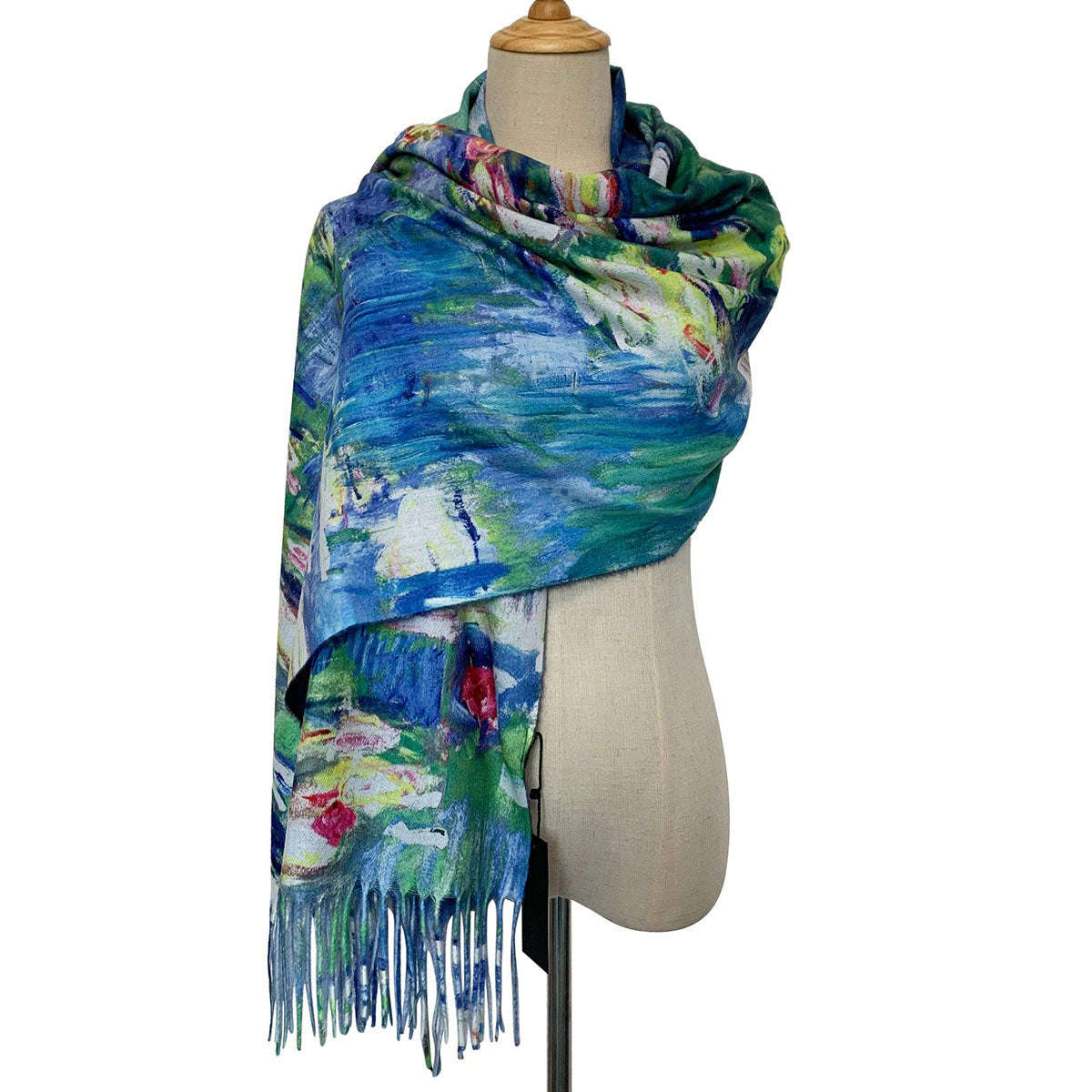Monet Style Blue Water Lily Painting Print Wool Tassel Scarf - SKRF