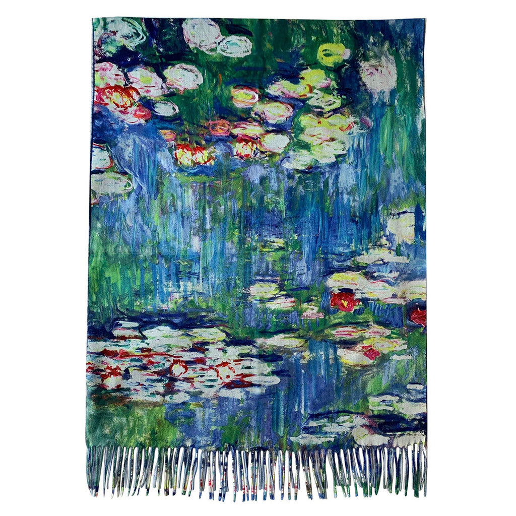 Monet Style Blue Water Lily Painting Print Wool Tassel Scarf - SKRF
