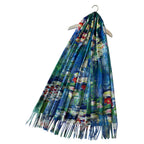 Monet Style Blue Water Lily Painting Print Wool Tassel Scarf - SKRF