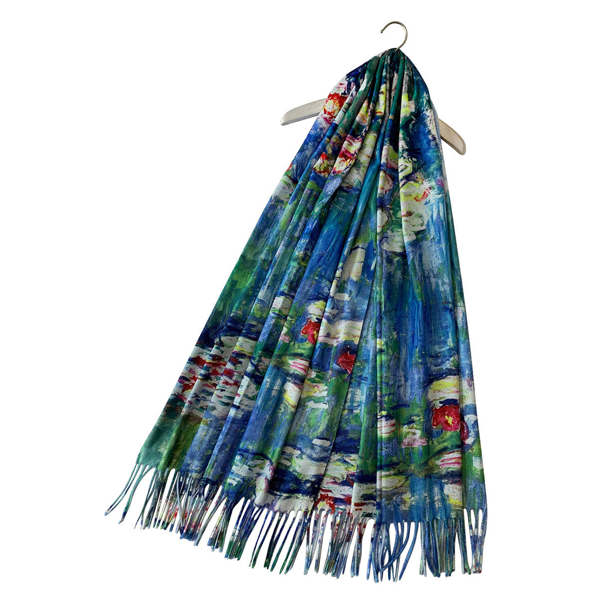 Monet Style Blue Water Lily Painting Print Wool Tassel Scarf - SKRF