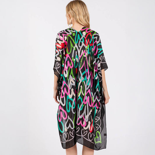 Kimono Cover Up Black Multi Coloured Heart Print Silky Feel - SKRF
