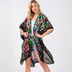 Kimono Cover Up Black Multi Coloured Heart Print Silky Feel - SKRF