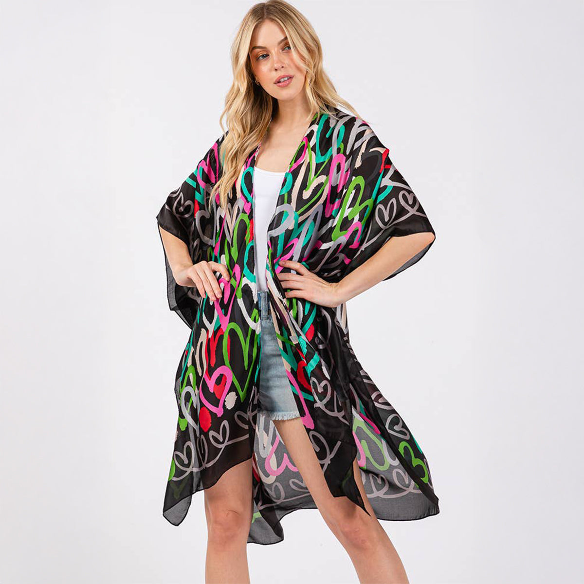Kimono Cover Up Black Multi Coloured Heart Print Silky Feel - SKRF