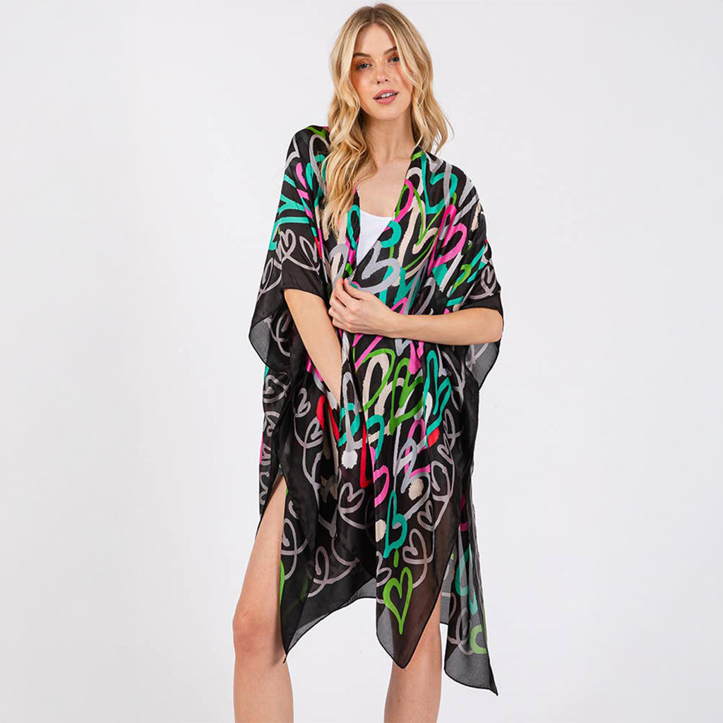 Kimono Cover Up Black Multi Coloured Heart Print Silky Feel - SKRF