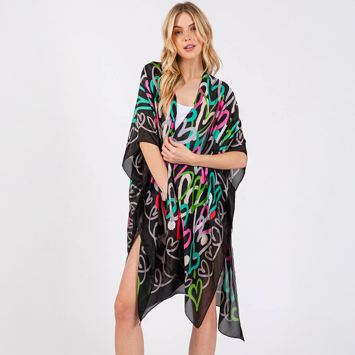 Kimono Cover Up Black Multi Coloured Heart Print Silky Feel - SKRF